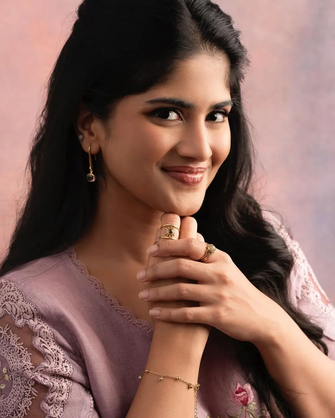 malayalam actress megha akash in violet gown